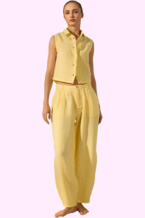 Kadın Keten Boyfriend Pantolon Yüksek Bel Geniş Paça Dokuma Kumaş Günlük Stil Modern Tasarım