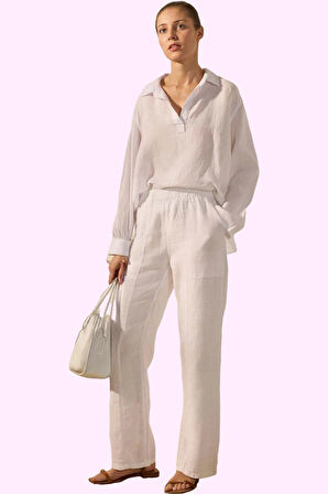 Kadın Uzun Keten Pantolon Geniş Paça Yüksek Bel Dokuma Kumaş Günlük Yaz Aylarının Vazgeçilmezi