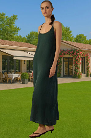 Şık Kadın Keten Maxi Elbise V Yaka Kolsuz Yazlık Rahat Kullanım Rahat Kullanım Modern Stil