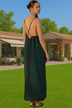 Şık Kadın Keten Maxi Elbise V Yaka Kolsuz Yazlık Rahat Kullanım Rahat Kullanım Modern Stil