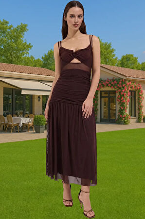 Vücudu Saran Astarlı Örme Tül Midi Abiye Elbise V Yaka Yazlık Profesyonel Görünüm Zarifane Tasarım