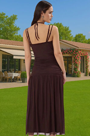 Vücudu Saran Astarlı Örme Tül Midi Abiye Elbise V Yaka Yazlık Profesyonel Görünüm Zarifane Tasarım