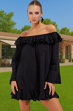 Rahat Yazlık Pamuk Mini Elbise Fırfırlı Carmen Yaka Tasarım Rahat Kullanım Özenle Seçilmiş