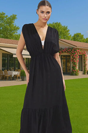 Yazlık Şık V Yaka Maxi Elbise Büzgü Detaylı Plaj Mükemmel Uyum Modern Stil Uzun Ömürlü Yüksek Kalite