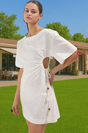 Kadın Bodycon Mini Pamuk Plaj Elbisesi Cut Out Detaylı Yüksek Kalite Trend Tasarım Mükemmel Uyum