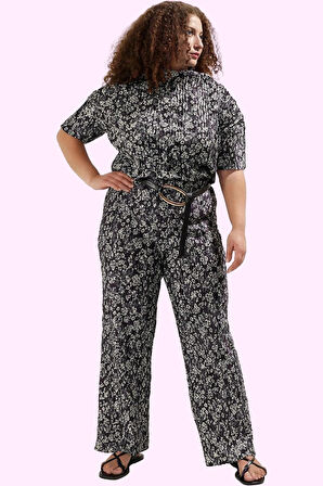 Kadın Çiçek Desenli Örme Pantolon Geniş Paça Yüksek Bel Büyük Beden Casual Günlük Kullanım