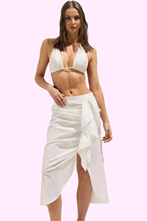 Kadın Yazlık Pamuk Midi Etek Nefes Alan Dokuma Kumaş Volan Detaylı Plaj Giysisi Günlük Kullanım