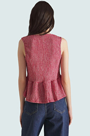 Yazlık Casual Ekose Peplum Bluz Bağcıklı Bisiklet Yaka Polyester Uzun Ömürlü