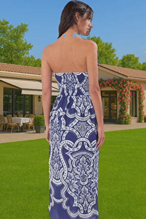 Yazlık Pamuklu Maxi Straplez Elbise Skater Çini Desenli Zarifane Tasarım Dayanıklı Malzeme