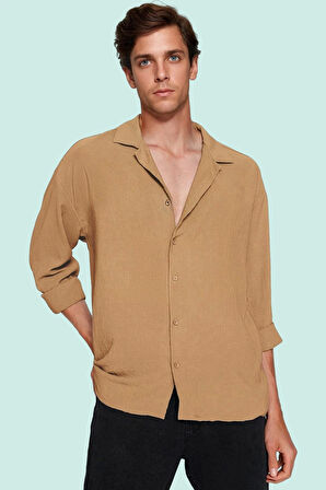 Erkek Yazlık Polyester Gömlek; Apaş Yaka Düz Desen Uzun Kollu Regular Boy Oversize Fit Hafta Sonu