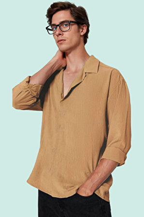 Erkek Yazlık Polyester Gömlek; Apaş Yaka Düz Desen Uzun Kollu Regular Boy Oversize Fit Hafta Sonu