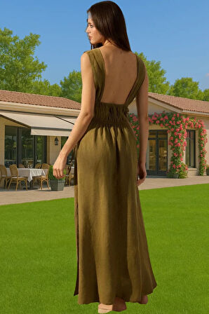 Yazlık Şık Keten Maxi Elbise Büzgü Detaylı Plaj Elbisesi Premium Kalite Rahat Kullanım