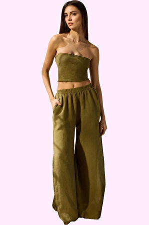 Kadın Keten Flam Dokuma Geniş Paça Pantolon Yazın Rahatlığı İçin Yaz Aylarının Vazgeçilmezi