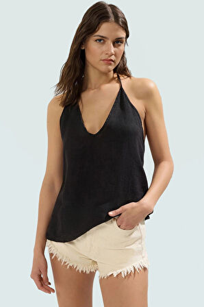 Şık Boyundan Bağlamalı Keten Crop Bluz Omzu Plaj Stili Yazlık Günlük Kullanım İçin