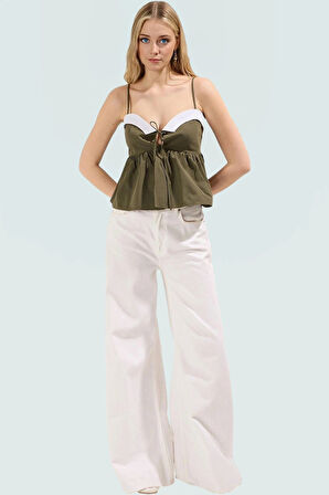 Rahat Kalıp Bluz %66 Polyester %34 Pamuk Kalp Yaka İnce Askılar Günlük Kullanım