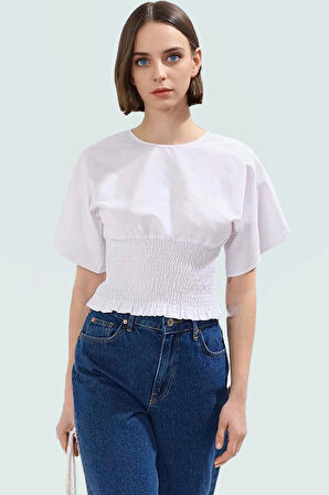 Kısa Kollu Bluz Terrycotton Kumaş Regular Kalıp Bisiklet Yaka Konforlu Kesim