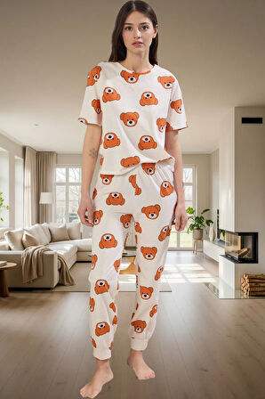 Kadın %100 Pamuklu Pijama Takımı Ayıcıklı Desen Boru Paça Regular Lounge Giyim Yüksek Kalite
