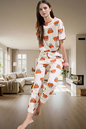 Kadın %100 Pamuklu Pijama Takımı Ayıcıklı Desen Boru Paça Regular Lounge Giyim Yüksek Kalite