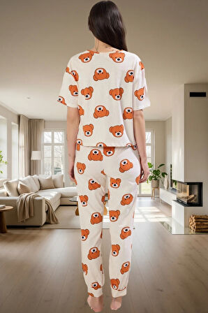 Kadın %100 Pamuklu Pijama Takımı Ayıcıklı Desen Boru Paça Regular Lounge Giyim Yüksek Kalite