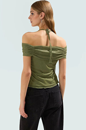 Yazlık Kısa Kollu Astarlı Örme Bluz Carmen Yaka ve Bağlama Detayı Mükemmel Uyum Özel Tasarım