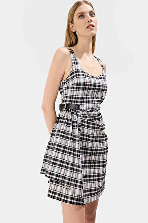 Şık A Kesim Ekose Mini Elbise 80 Pamuk 20 Polyester Dokuma Kumaş Kaliteli İşçilik Seçkin Malzeme