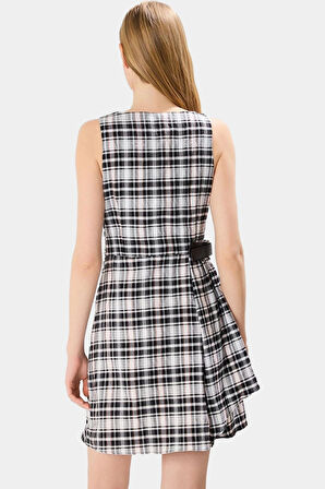 Şık A Kesim Ekose Mini Elbise 80 Pamuk 20 Polyester Dokuma Kumaş Kaliteli İşçilik Seçkin Malzeme