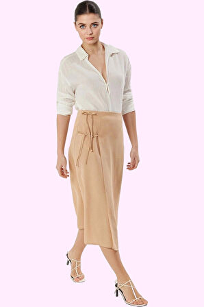 Kadın Yandan Bağcıklı Sarong Silüet Maxi Etek Dokuma Keten Görünümlü Günlük Modern Tasarım