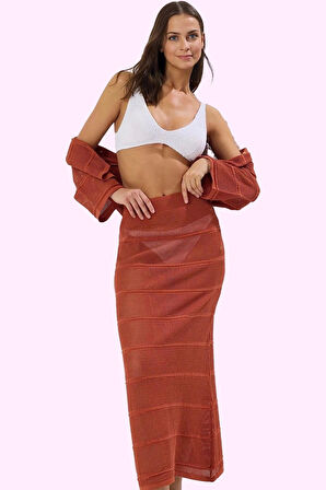 Kadın Plaj Eteği Renk Midi Boy Triko Kroşe Kalem Kalıp Yazlık Günlük Kullanım Modern Tasarım