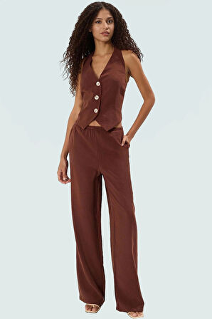 Viskoz Dokuma Kadın Yelek Pantolon Takım Halter Yaka Düşük Bel Geniş Paça Casual