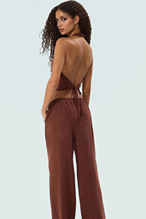 Viskoz Dokuma Kadın Yelek Pantolon Takım Halter Yaka Düşük Bel Geniş Paça Casual