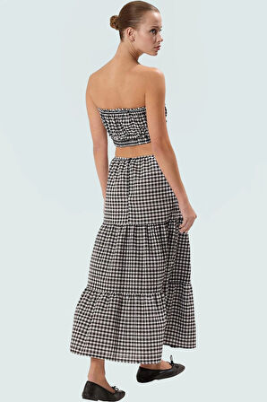 Şık Ekoseli Crop Bluz Etek Takım Yazlık Pamuklu Dokuma A line Günlük Kullanım İçin