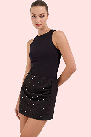 Kadın Taş Detaylı İnterlok Örme Mini Şort Etek Göz Alıcı Tasarım Yaz Aylarının Vazgeçilmezi