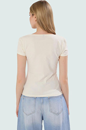 Günlük Kullanım İçin Kısa Kollu Örme Bluz Fitted Kare Yaka Likralı Penye Rahat