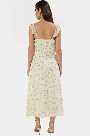 Feminen Şifon A Kesim Midi Elbise Yazlık Çiçek Desenli Astarlı Premium Kalite Yüksek