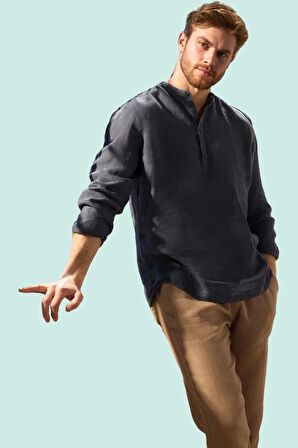 Erkek Yazlık Keten Gömlek Regular Hakim Yaka Uzun Kollu Rahat ve Şık Yaz Aylarının Vazgeçilmezi