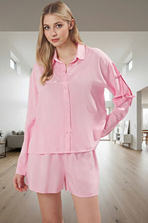 Homewear Şortlu Pijama Takımı Viskoz Bağlamalı Regular Kalıp Rahat Profesyonel Görünüm
