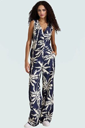 Rahat Kesim Tropikal Desenli Viskoz Keten Görünümlü Yelek Pantolon Takım Dayanıklı Malzeme