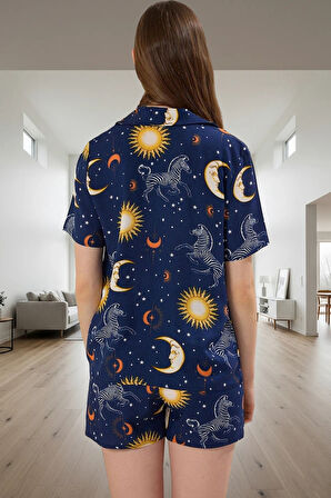 Rahat Kalıp Kısa Kollu Viskoz Pijama Takımı Bohem Galaksi Desen Yaz İçin Şık Görünüm