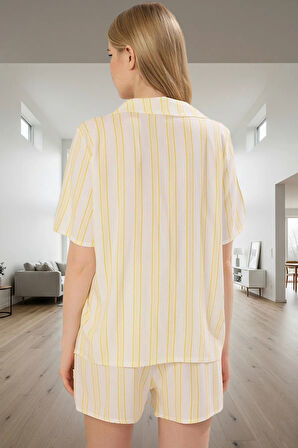 Homewear Çizgili Nakışlı Viskoz Pijama Takımı Şortlu ve Kısa Kollu Mükemmel Uyum