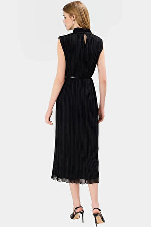 Polyester Şifon Midi Elbise Düz Kesim Piliseli Kemer Detayı Dayanıklı Malzeme Rahat Ve Şık