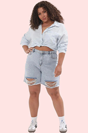 Kadın Denim Şort Yırtık Detaylı Yüksek Bel Straight Kesim Rahat Yaz Aylarının Vazgeçilmezi