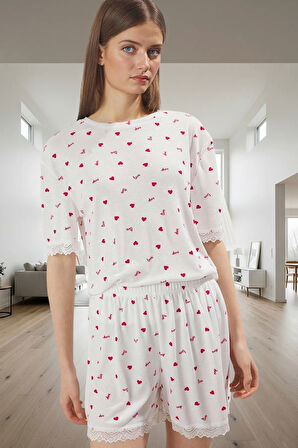 Ev Giyim Örme Pijama Takımı Renk Kalp Desenli Dantel Detaylı Rahat Özel Tasarım