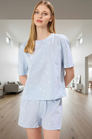 Homewear Koleksiyonu Rahat Nefes Alan %100 Pamuklu Galaksi Desenli Kadın Pijama Takımı