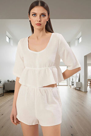 Ev Giyim Seti %100 Pamuk Dantel Detaylı Müslin Şortlu Pijama Takımı Özenle Seçilmiş Trend Tasarım