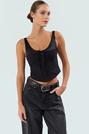 Dokuma Keten Bluz Bisiklet Yaka Kalın Askılı Regular Yazlık Günlük Mükemmel Uyum