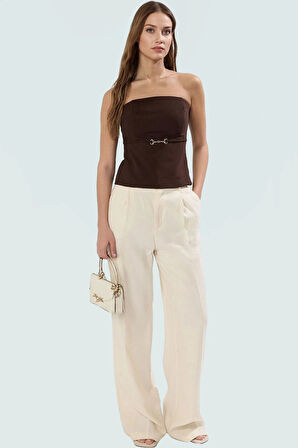 Yazlık Straplez Bluz Regular Kalıp Finike Dokuma Şık Kemer Detayı Konforlu Kesim