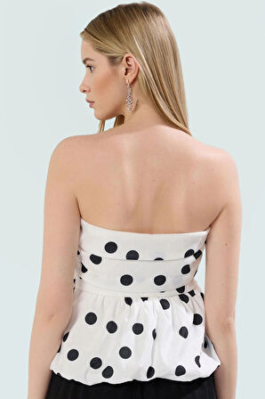 Straplez Fitted Puantiyeli Bluz Terrycotton Kumaş Yazlık Mükemmel Uyum Uzun Ömürlü