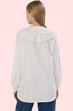 Kadın Uzun Kollu Gömlek Terrycotton Dokuma Dantel Detaylı Günlük Stil Yaz Aylarının Vazgeçilmezi