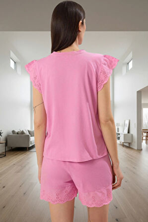 Yaz İçin Pamuklu Brodeli Pijama Takımı Şortlu Regular Trend Tasarım Dayanıklı Malzeme