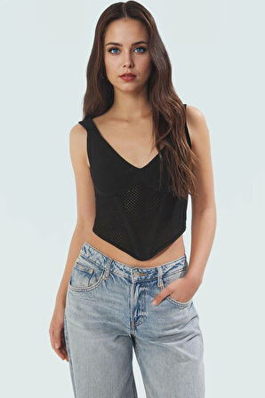 Ajurlu Detaylı Crop Triko Bluz Günlük Stil Yazlık Trend Tasarım Özel Yüksek Kalite